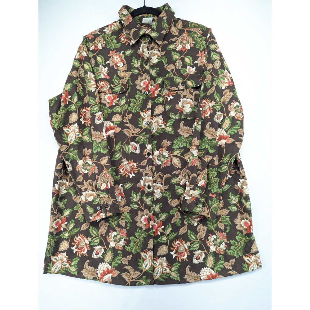Roamans Brown Floral Button Down Shirt Long Sleeve Tunic Blouse Medium